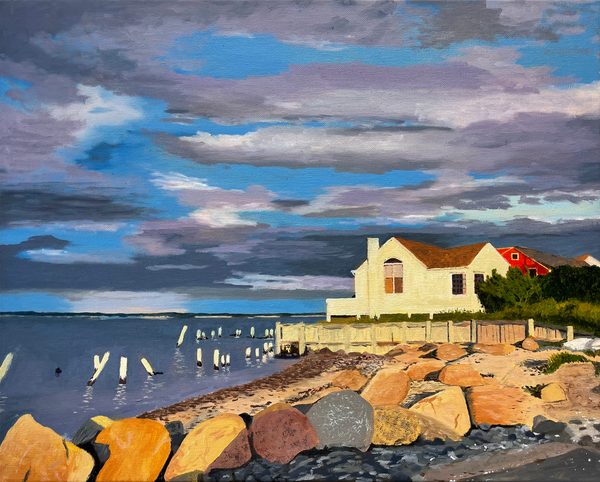 The Cottage on Gerard: painting of a white waterfront building beside a red-roofed building, with large rocks and old pilings along the shore under a dramatic sky.