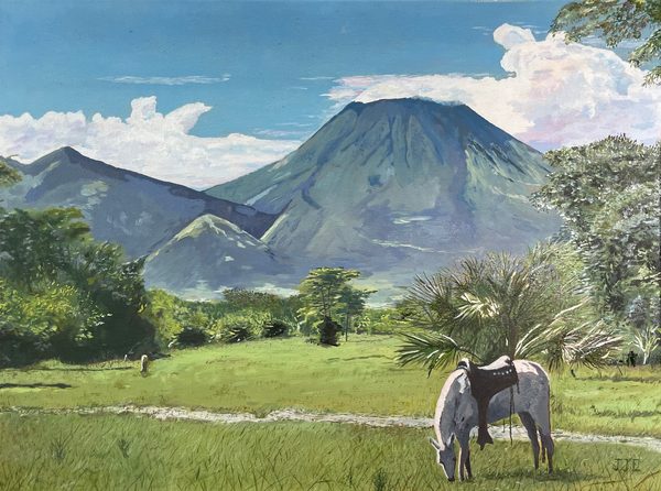 San Cristóbal Volcano, Nicaragua: painting of a saddled white horse grazing in a green field below a large volcano and clouds.