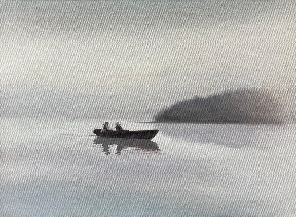 Peaceful Morning in Ontario: painting of a small boat with two figures on misty water, with dark wooded land fading into the fog.