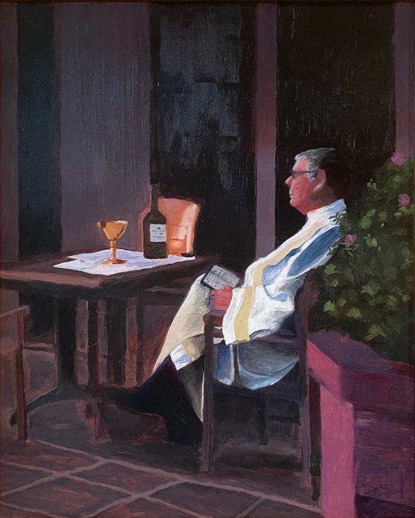 Father Pat: painting of a gray-haired man in glasses and a white vestment, seated in profile on a porch beside a small table with a gold goblet and a bottle, next to a flowering green shrub.