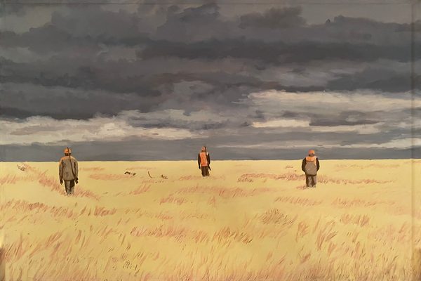 South Dakota Fields: painting of three figures in jackets and orange vests walking away across a wide golden grass field under a dark, cloudy sky.