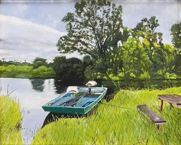 The Bass Boat: painting of a teal flat-bottomed boat pulled up on a grassy bank beside calm water, with a weathered wooden bench and table on the shore and leafy trees under a cloudy sky.