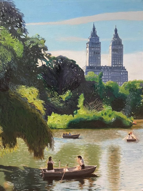 The Boat Basin in Central Park: painting of people in rowboats on a lake framed by drooping willow branches and green trees, with a single building with twin towers rising against a blue sky.